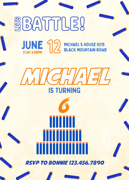 NERF Dart Wars customizable invitation template | Share or Print | boy | LY330