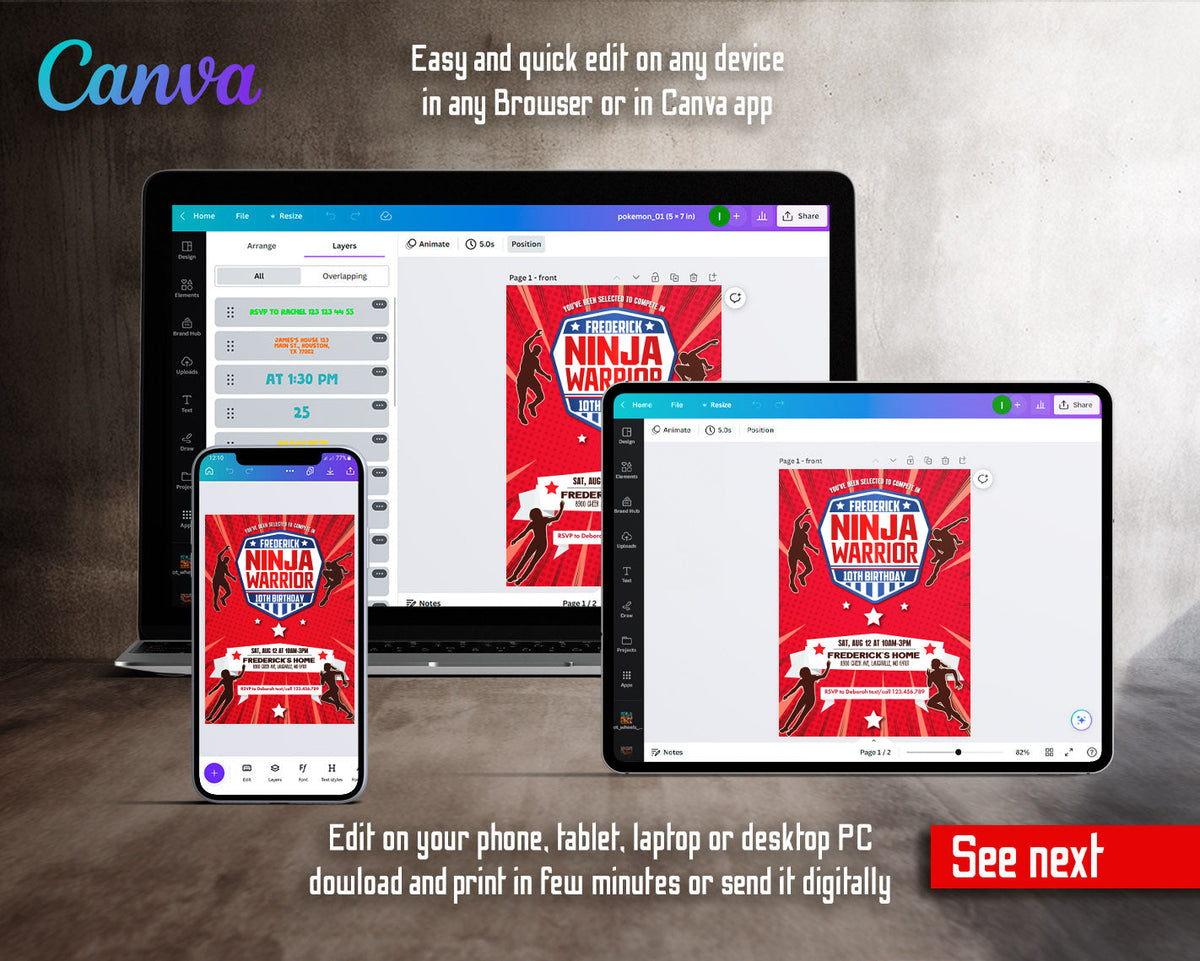American Ninja Warrior customizable invitation template | Share or Print | VV073