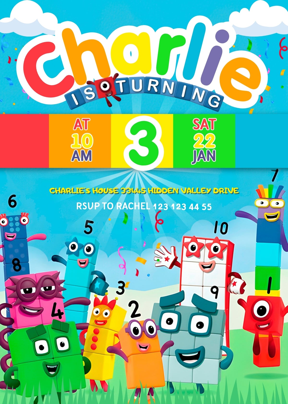 Numberblocks customizable invitation template | Share or Print | XO264