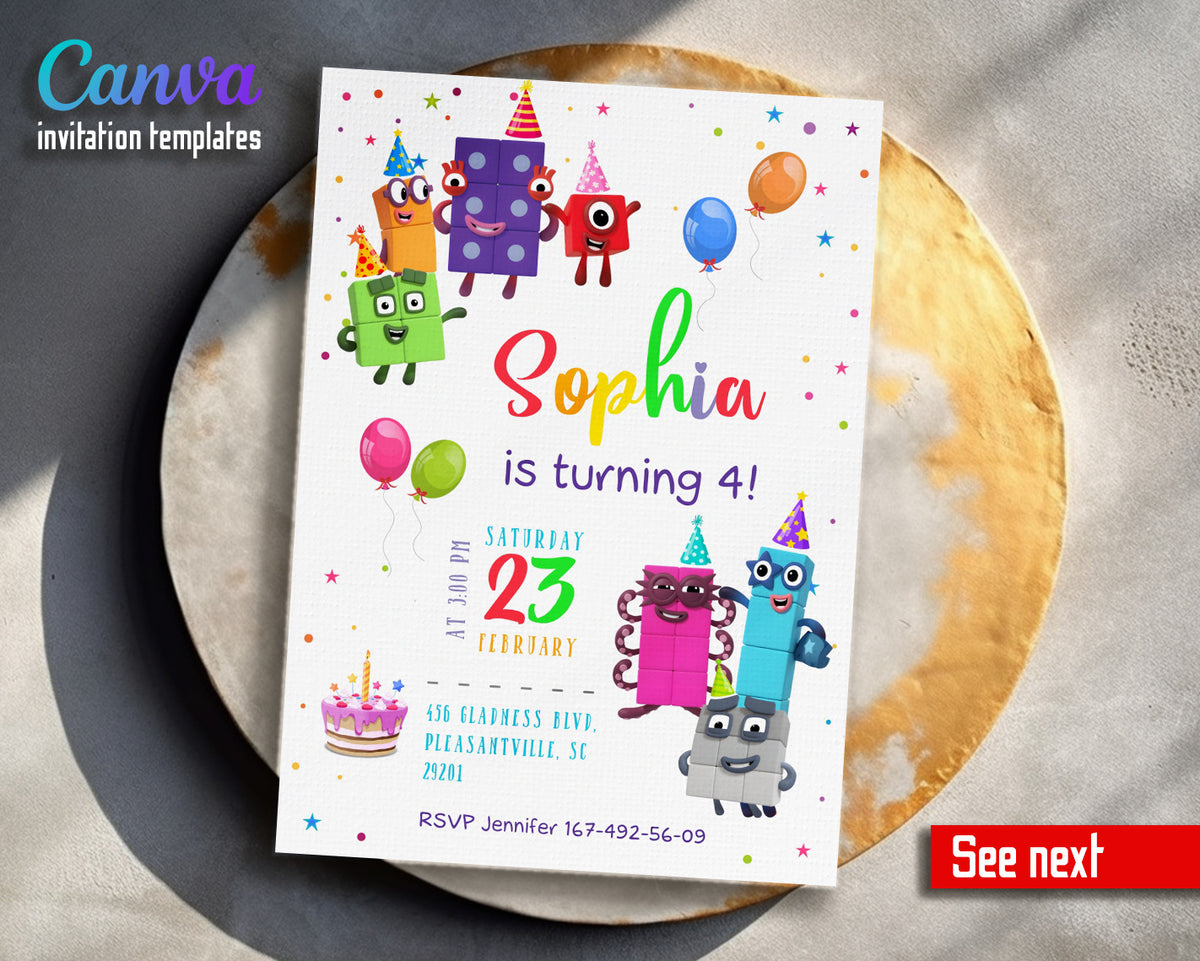 Numberblocks customizable invitation template | Share or Print | YO994