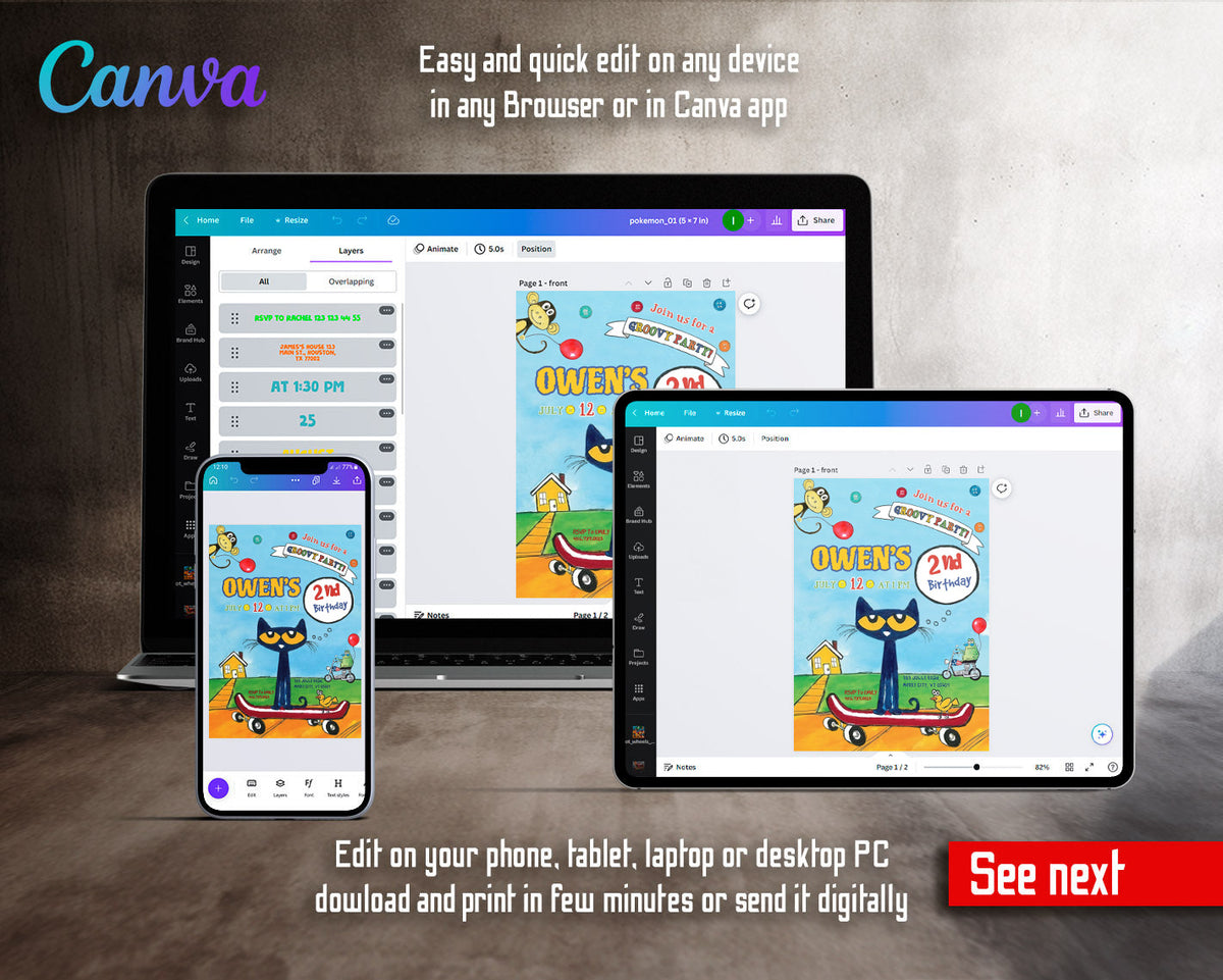 Pete the Cat customizable invitation template | Share or Print | LY465