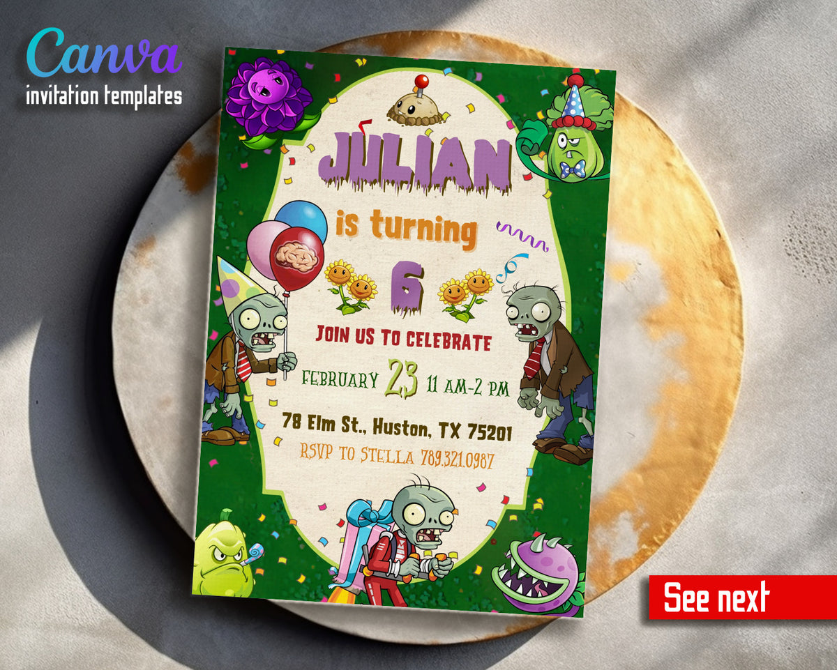 Plants vs Zombies Gamer customizable invitation template | Share or Print | KT379
