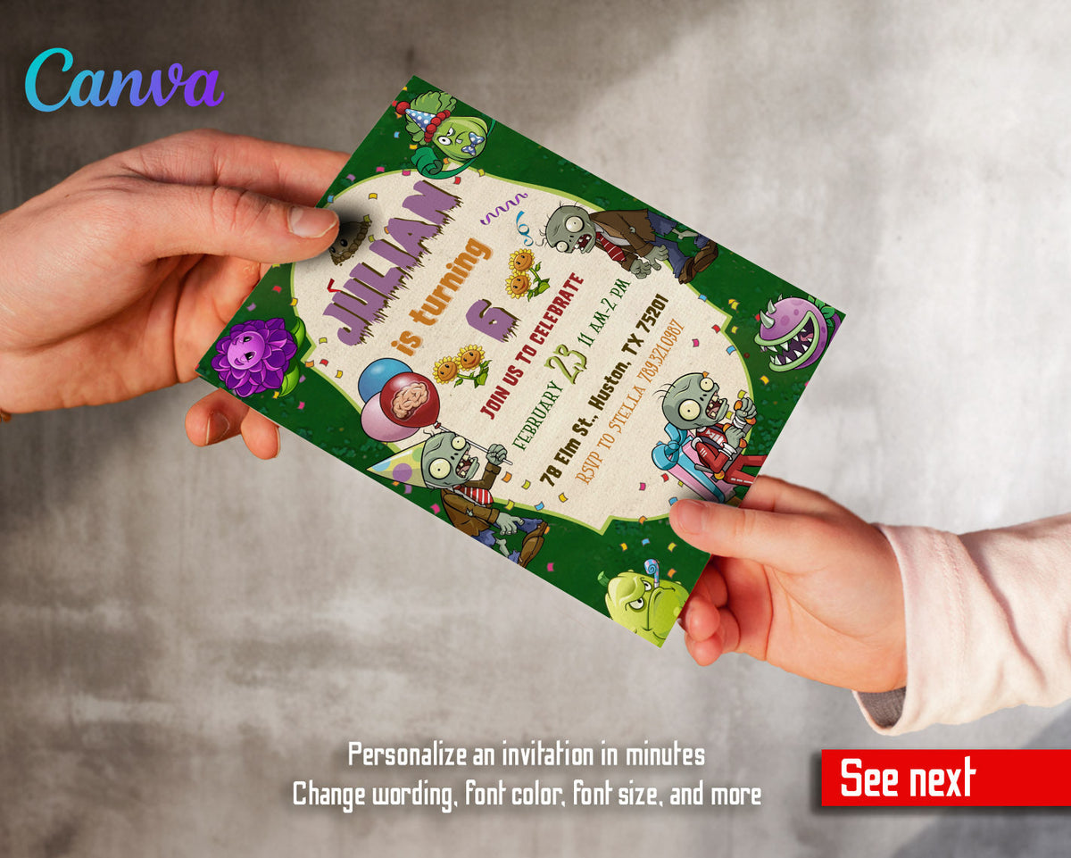 Plants vs Zombies Gamer customizable invitation template | Share or Print | KT379