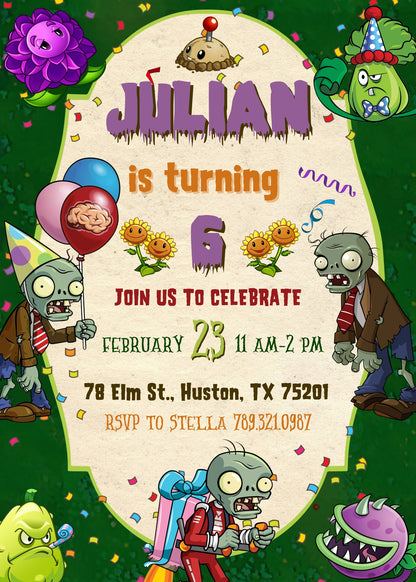 Plants vs Zombies Gamer customizable invitation template | Share or Print | KT379