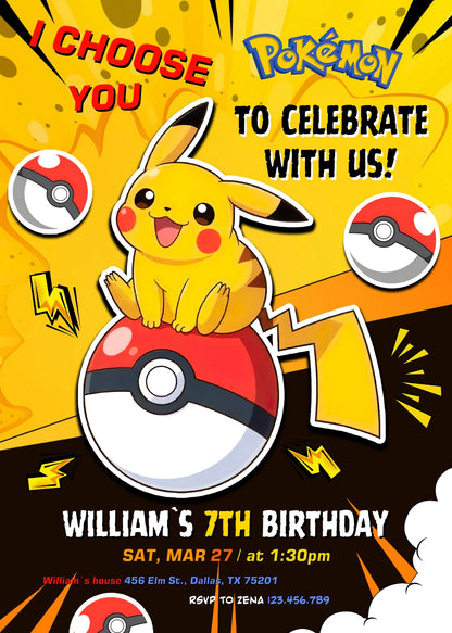 Pokemon Pikachu customizable invitation template | Share or Print | BR652