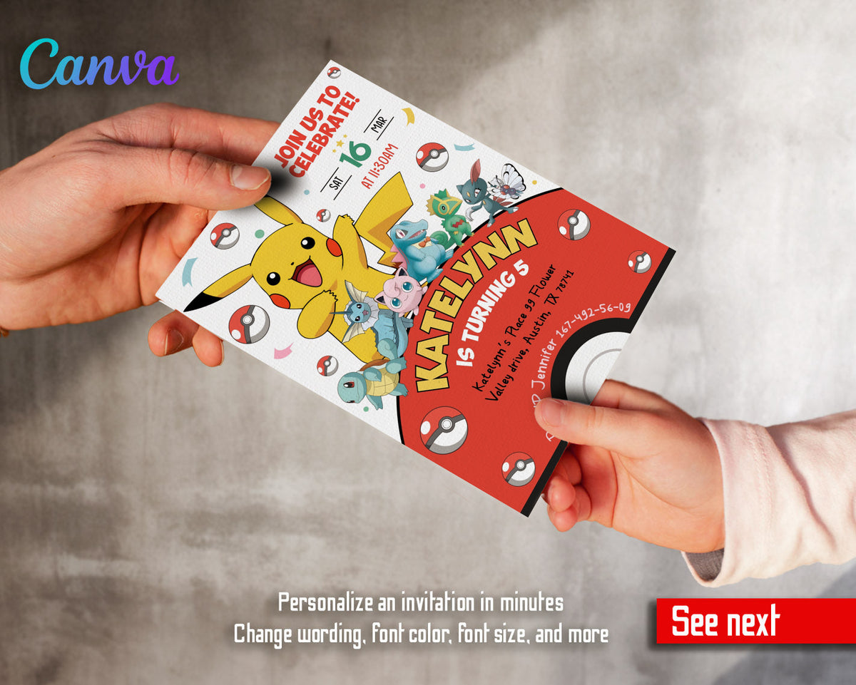 Pokemon Pikachu customizable invitation template | Share or Print | DV232