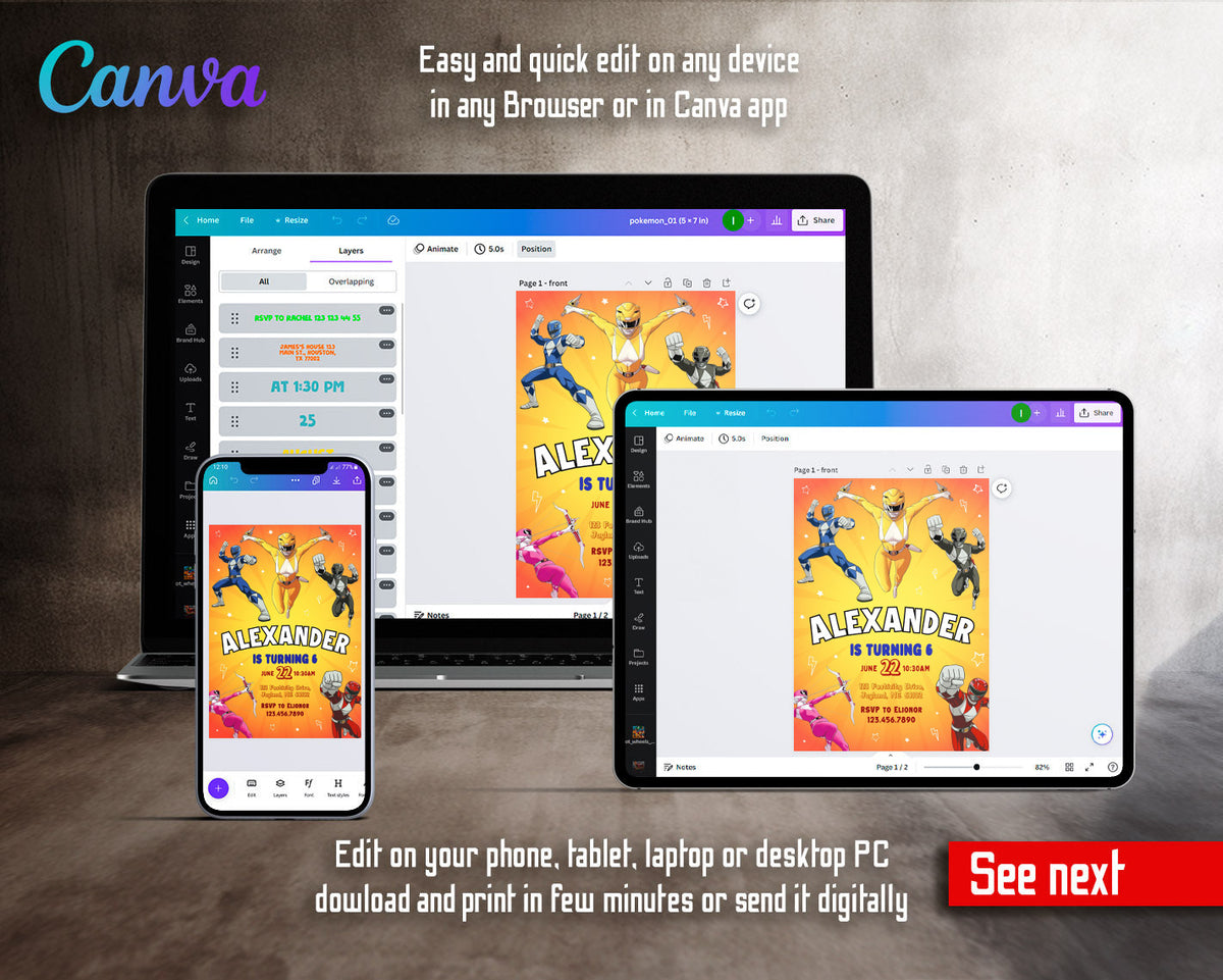 Mighty Morphin Power Rangers customizable invitation template | Share or Print | boy | CI375