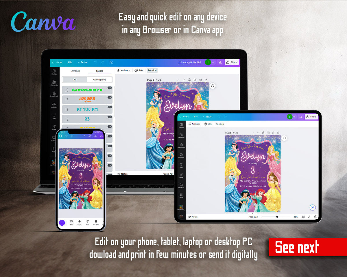 Disney Princess customizable invitation template | Share or Print | girl | GB913