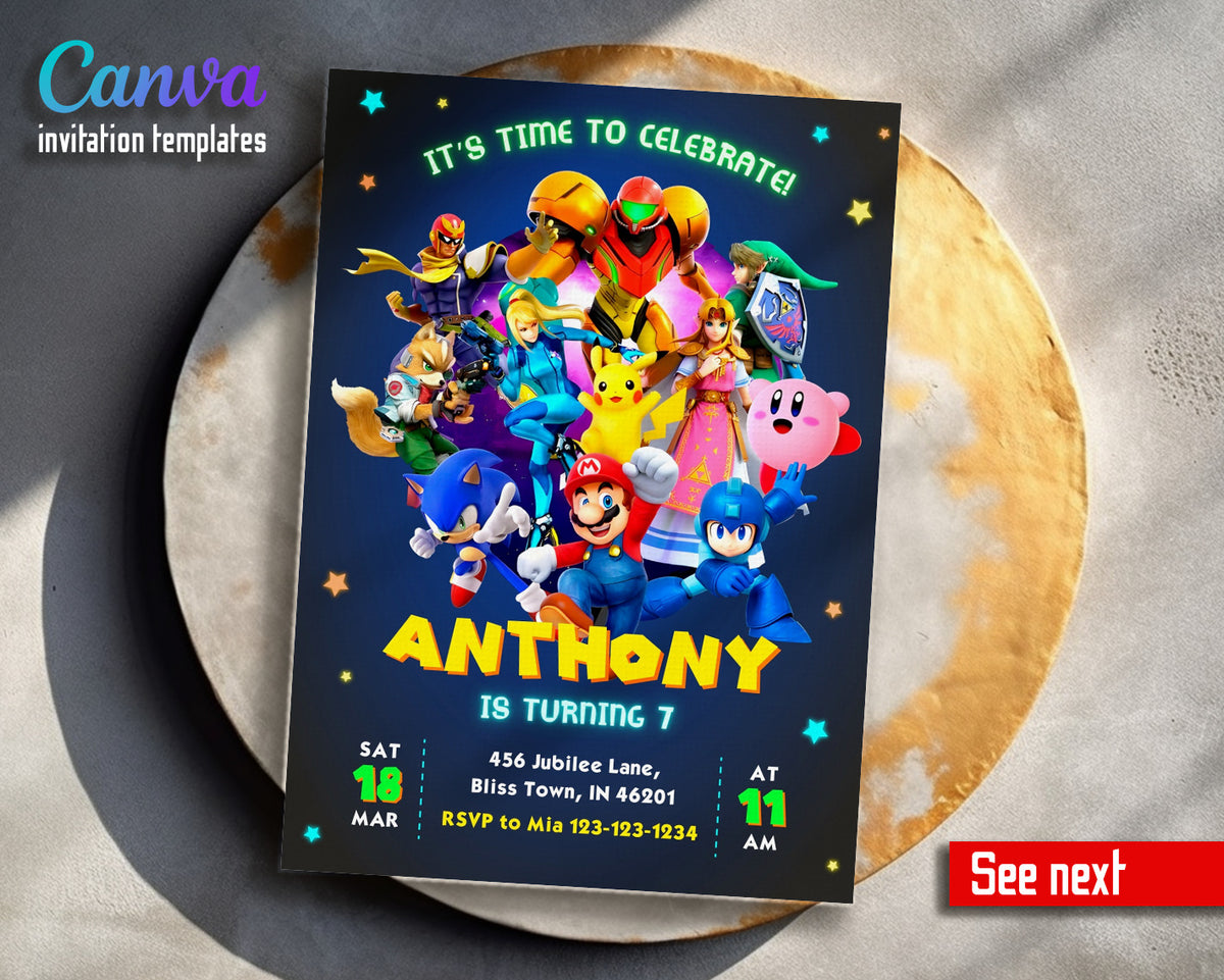 Super Smash Mario Bros customizable invitation template | Share or Print | WG384