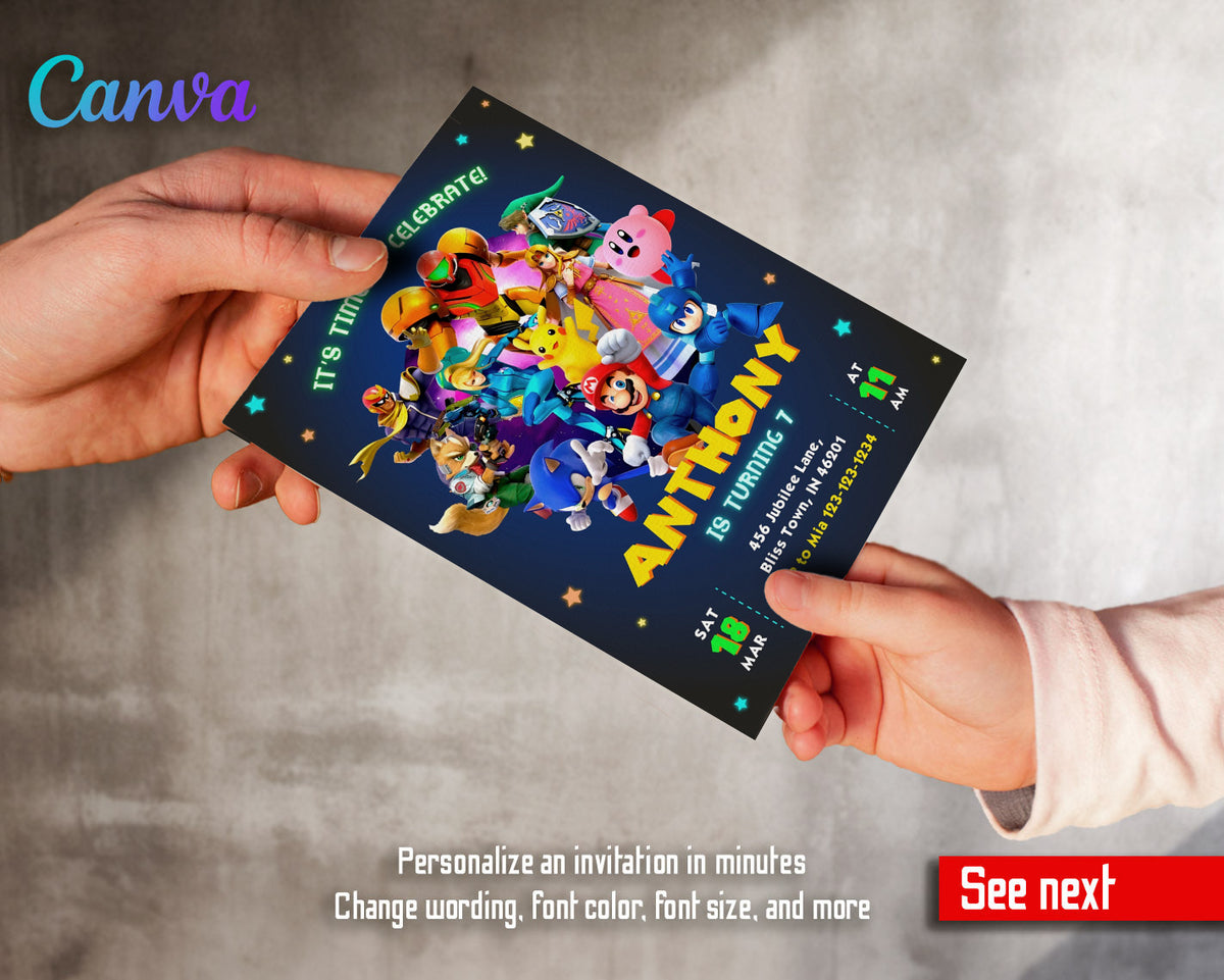 Super Smash Mario Bros customizable invitation template | Share or Print | WG384