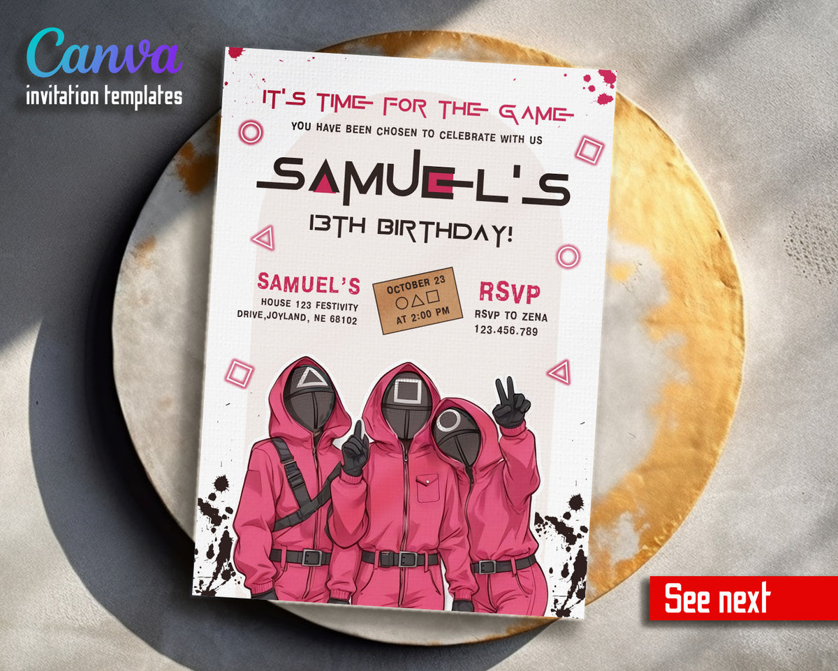 Squid Game customizable invitation template | Share or Print | XI089