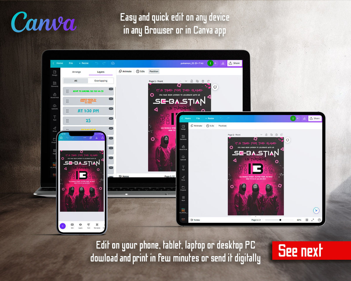 Squid Game customizable invitation template | Share or Print | JD554