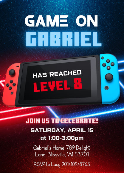 Nintendo Switch Gamer customizable invitation template | Share or Print | JC892