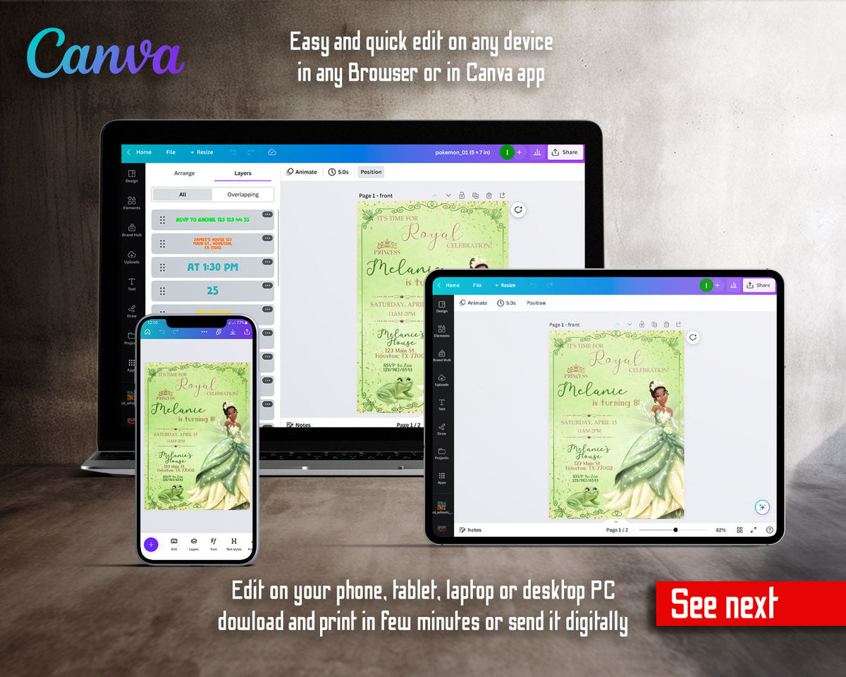 Tiana Frog Princess customizable invitation template | Share or Print | girl | VY867