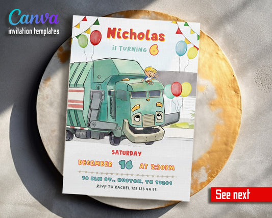 Trash Green Truck customizable invitation template | Share or Print | FS431