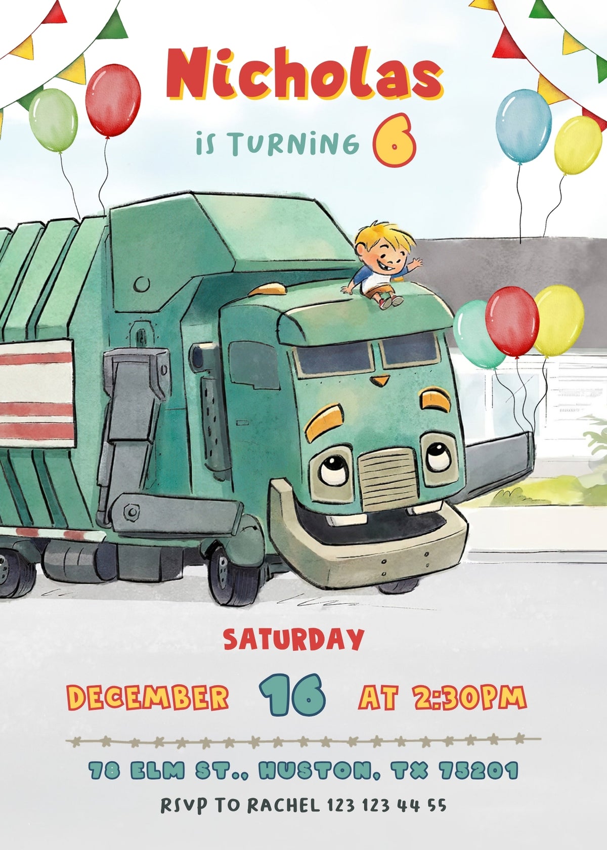 Trash Green Truck customizable invitation template | Share or Print | FS431