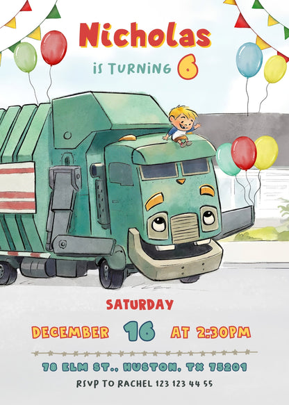 Trash Green Truck customizable invitation template | Share or Print | FS431