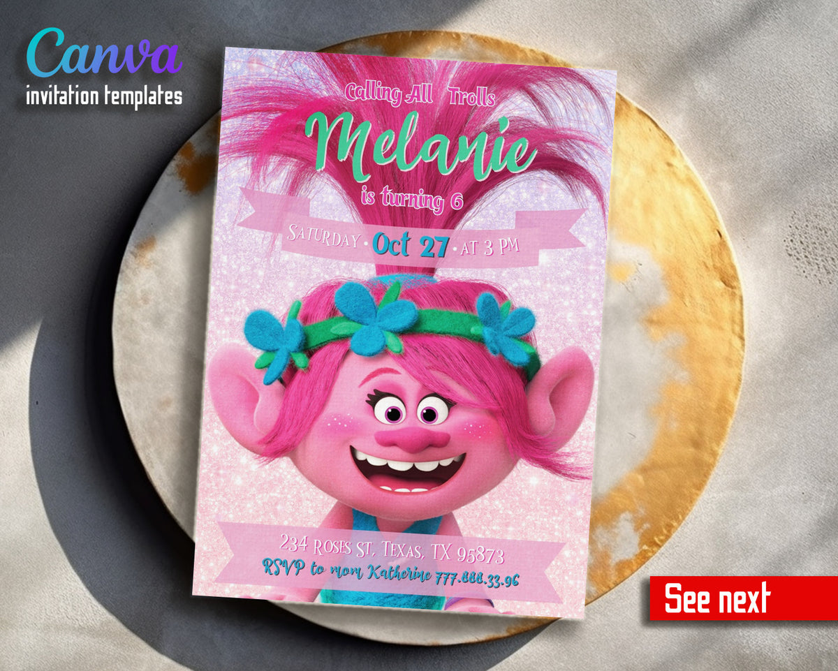 Trolls Poppy customizable invitation template | Share or Print | QX734