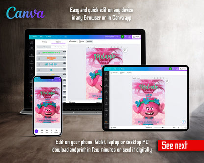 Trolls Poppy customizable invitation template | Share or Print | QX734
