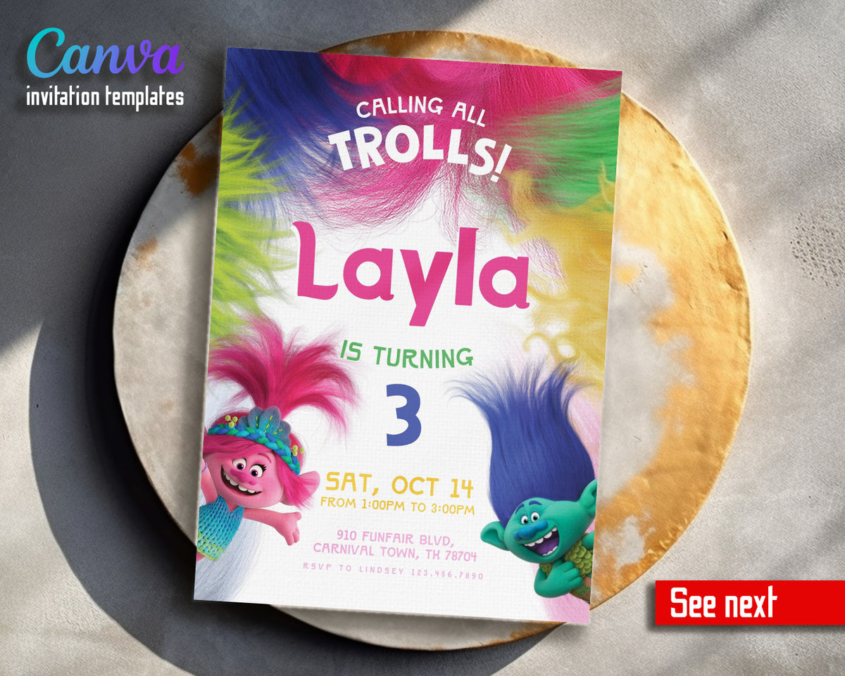 Trolls Poppy customizable invitation template | Share or Print | XU825