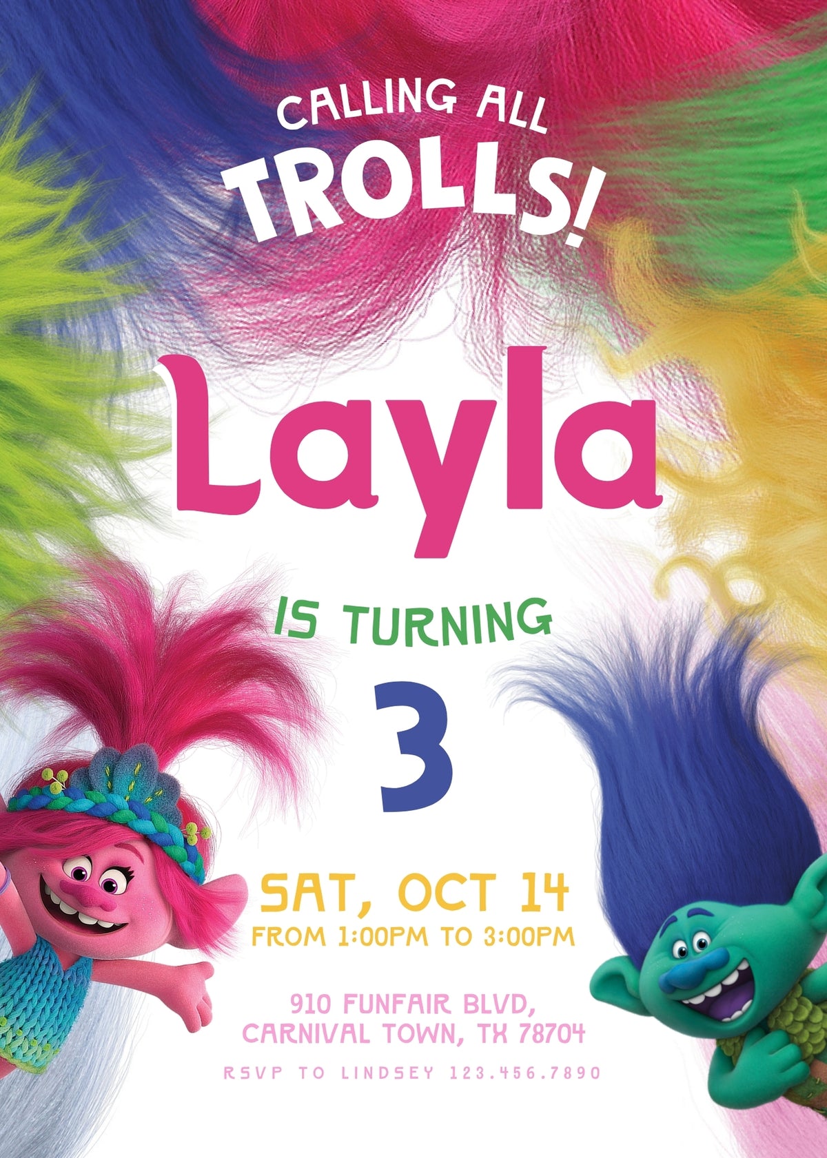 Trolls Poppy customizable invitation template | Share or Print | XU825
