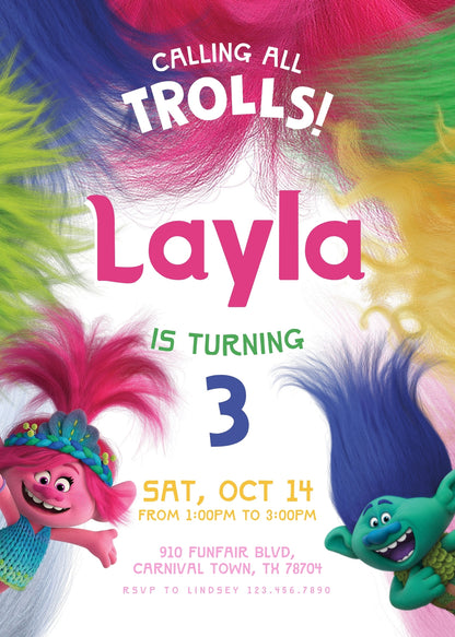 Trolls Poppy customizable invitation template | Share or Print | XU825
