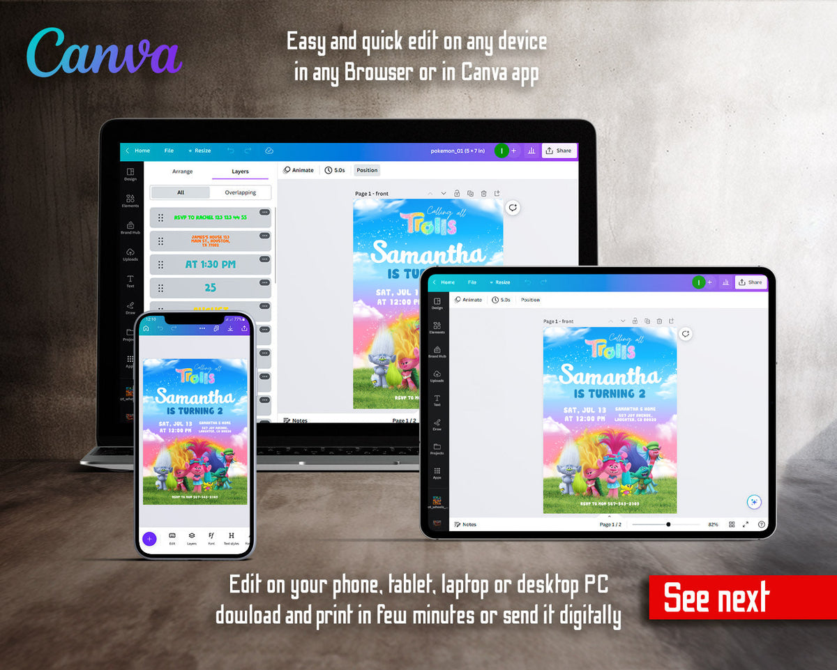 Trolls Poppy customizable invitation template | Share or Print | VH888