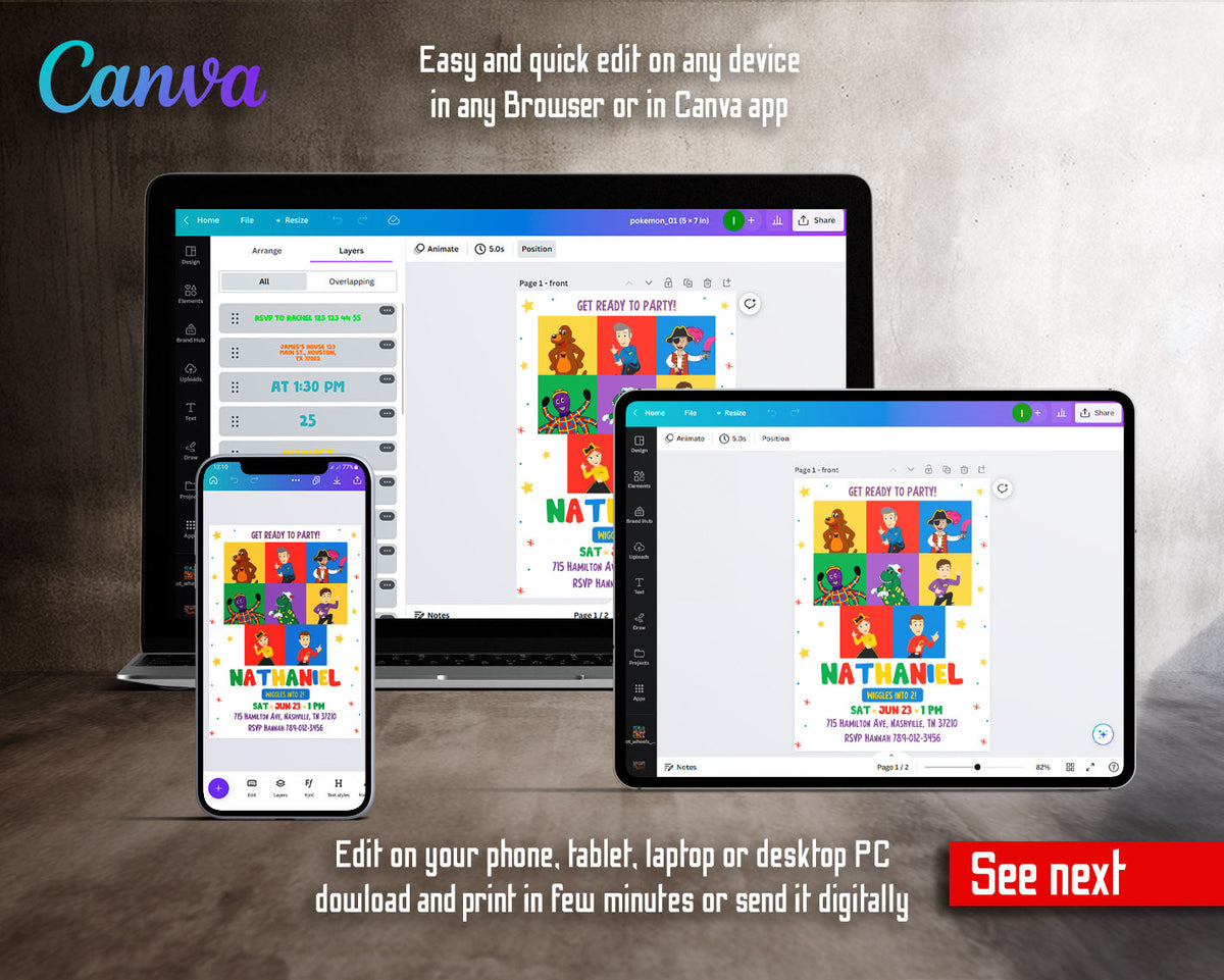 Wiggles One Finger One Thumb customizable invitation template | Share or Print | ZO687