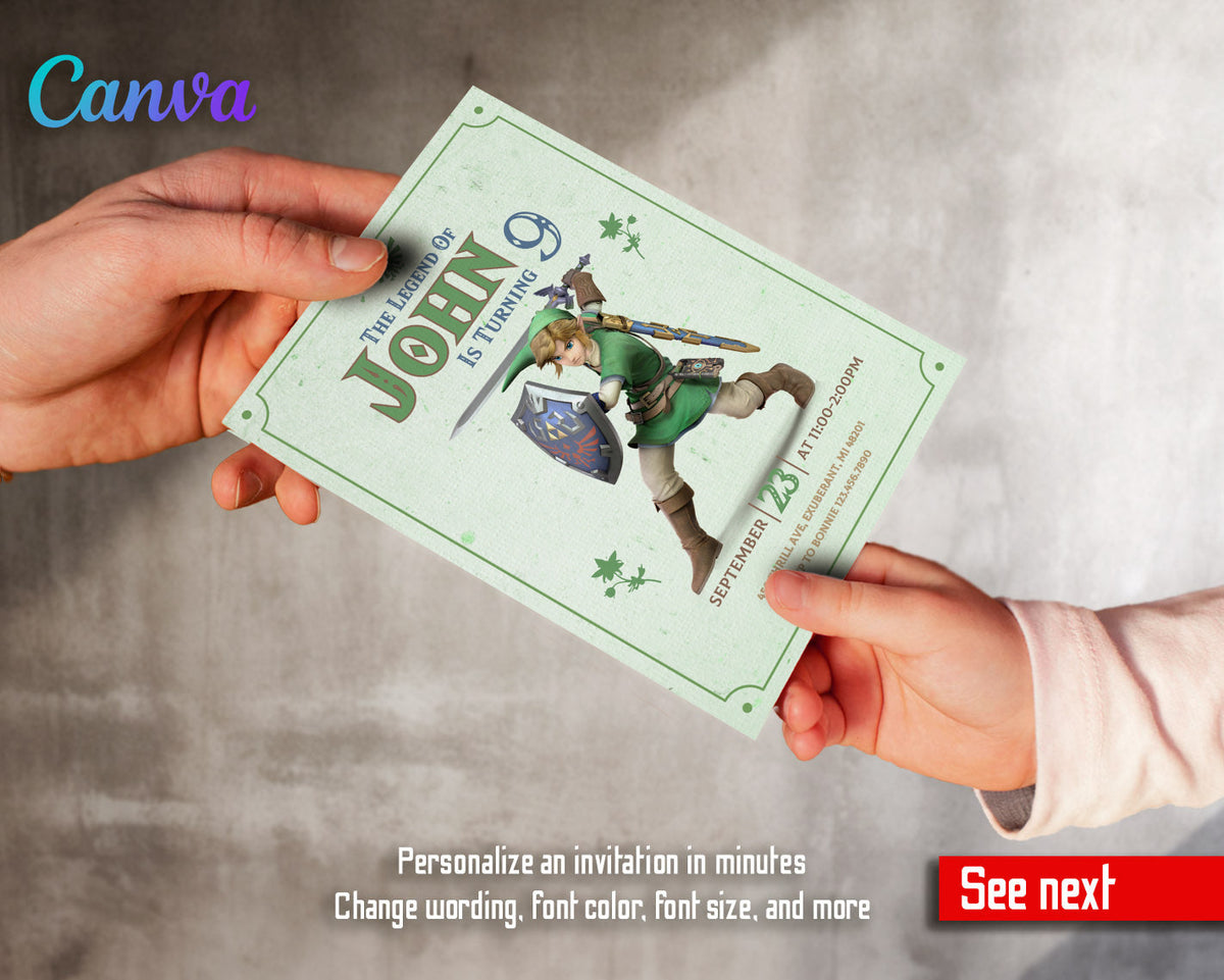 Legend of Zelda Gamer customizable invitation template | Share or Print | WH036