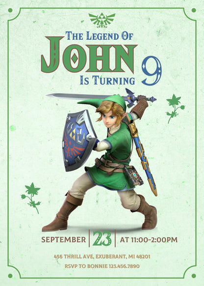 Legend of Zelda Gamer customizable invitation template | Share or Print | WH036
