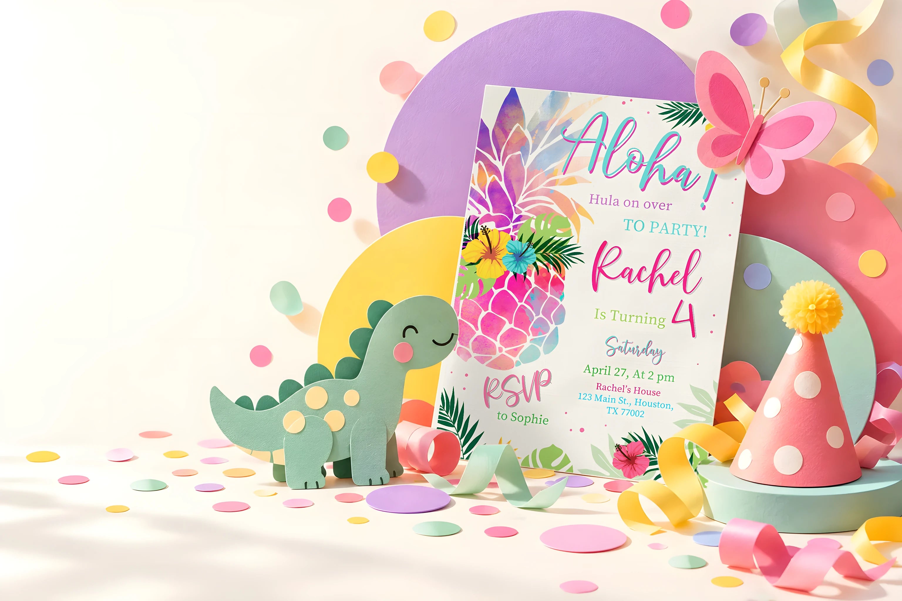 A colorful party scene with a dinosaur and an Aloha birthday invitation